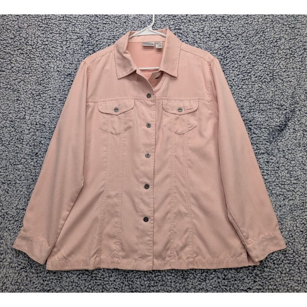 Chicos Faux Suede Western Jacket Size LG Button Up Country Southwest Petal Pink